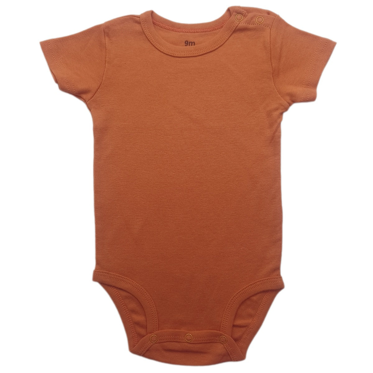 Baby short sleeve cotton bodysuit with a shoulder snap opening shown flat on a plain background