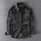 Men's washed camouflage long sleeve button shirt with two flap chest pockets cuff and rolled sleeve detail