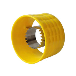 Yellow corn kernel stripper cylinder showing the stainless steel serrated teeth ring inside