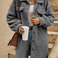 Womens plush fleece button front long coat in military green, teddy fleece pile close up