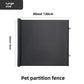 Black roll up pet gate marked large, about 130 cm wide and 78 cm high, on a grey background