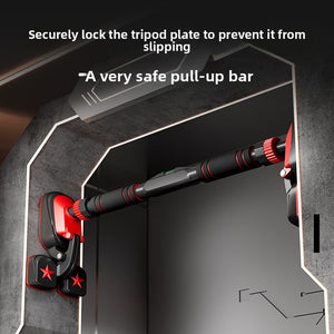 Man doing pull-ups on the black door frame bar fitted into an interior door frame