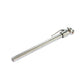 Silver pencil tire pressure gauge seen full length, smooth barrel and angled valve chuck head