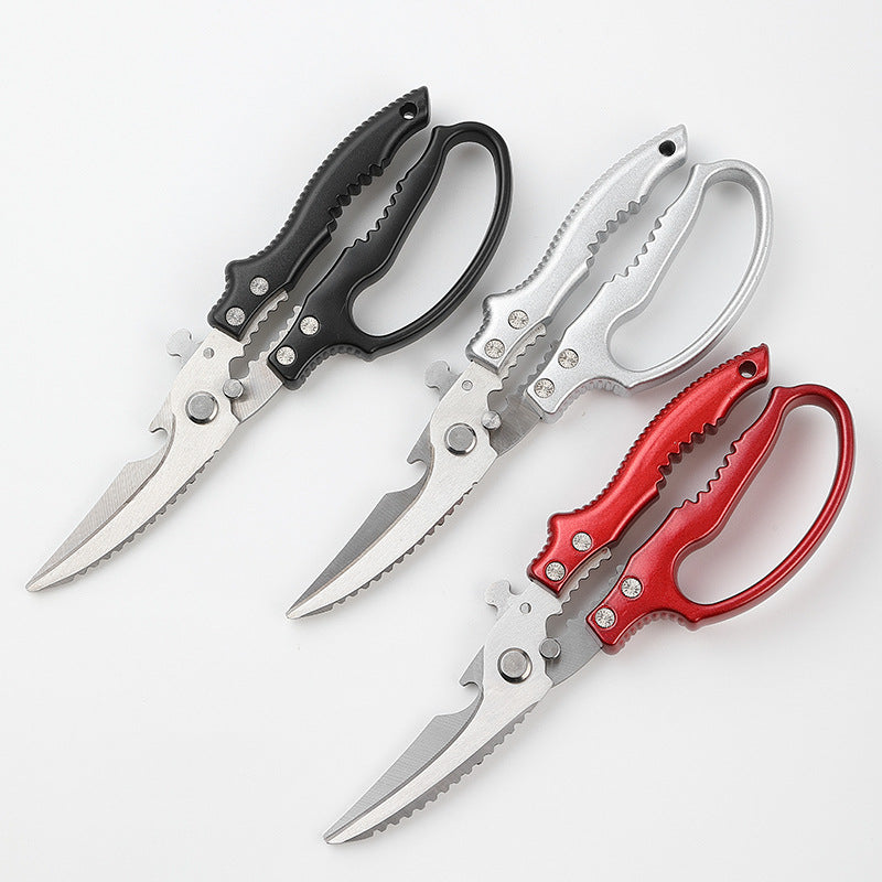 Three kitchen bone shears in black, silver, and red handles shown side by side