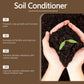 Soil Conditioner panel on a brown background with hands cupping dark soil and a young green sprout