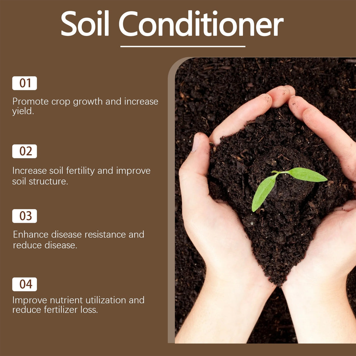 Soil Conditioner panel on a brown background with hands cupping dark soil and a young green sprout