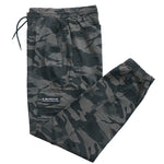 Mens camouflage cargo jogger pants with a drawstring elastic waist and elastic ankle cuffs