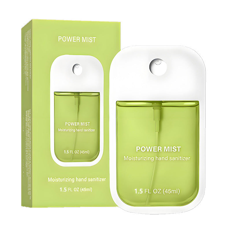Green apple POWER MIST paper box and matching flat 45 ml hand spray bottle on a white background