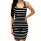 Striped racerback bodycon tank dress on a model, front view showing the rounded scoop neckline