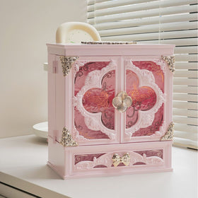 Acrylic Makeup Organizer Cabinet with Flip-Up LED Mirror, Doors and Drawer