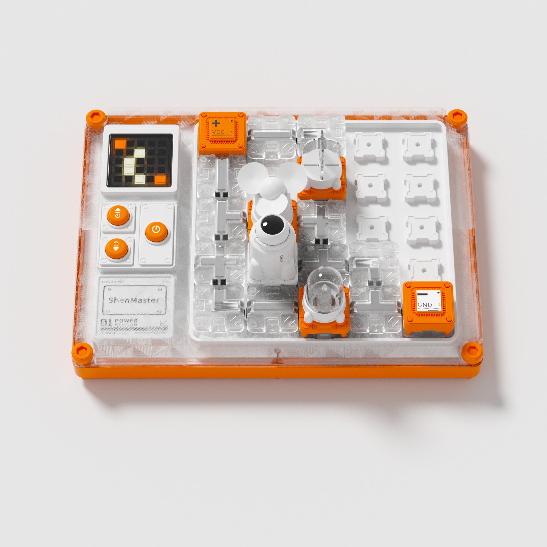 Circuit block board with fan, light and music modules in place