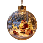 Clear Christmas ball ornament printed on both sides with a warm glowing festive scene