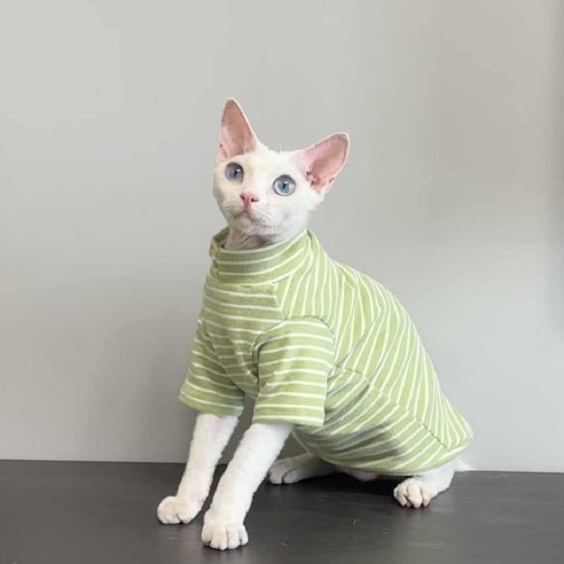 Light green striped cat shirt with a raised collar on a seated hairless cat, three quarter view