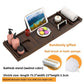 Walnut brown bathtub caddy tray with a tablet, bottles, macarons, a candle and a rolled towel, option Walnut