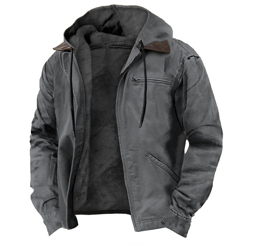 Gray option, size M: hooded zip jacket with black fleece lining and drawstring hood