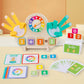 Wooden finger math board with a colored clock face between yellow and teal felt hands, with time cards and blocks