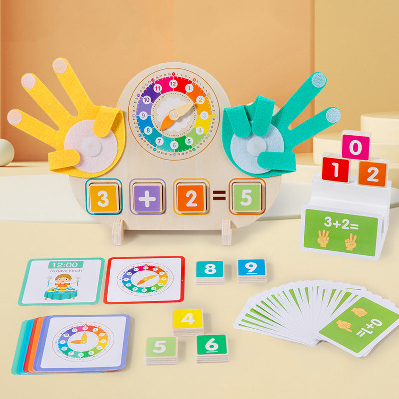 Wooden finger math board with a colored clock face between yellow and teal felt hands, with time cards and blocks