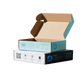 Airplane box customization, corrugated paper option: light blue printed box stacked on a white and black box