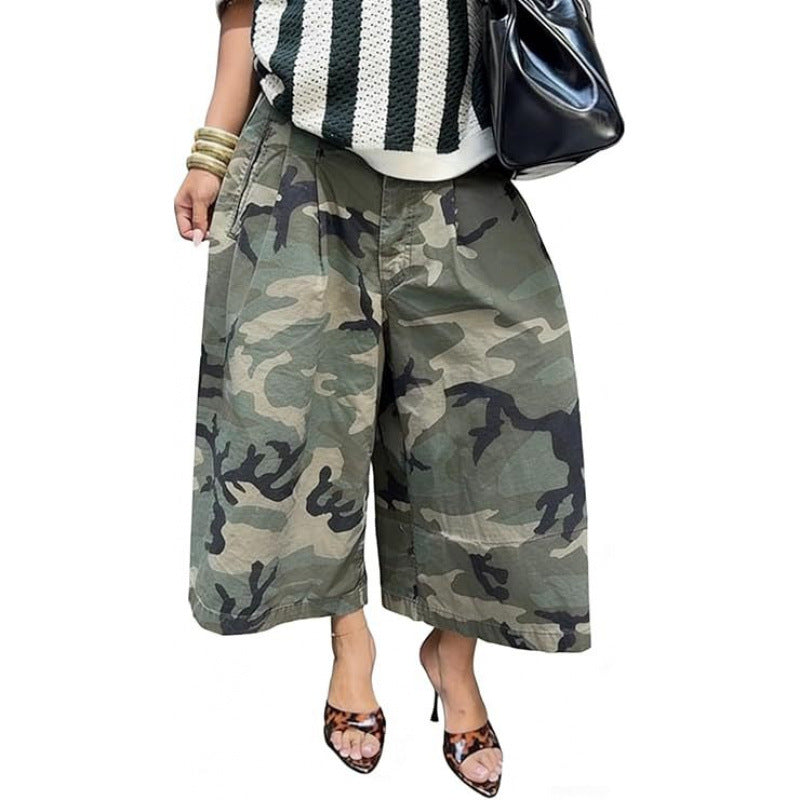 Sage green and gray camouflage wide-leg pants, Grassland green option, size XXL