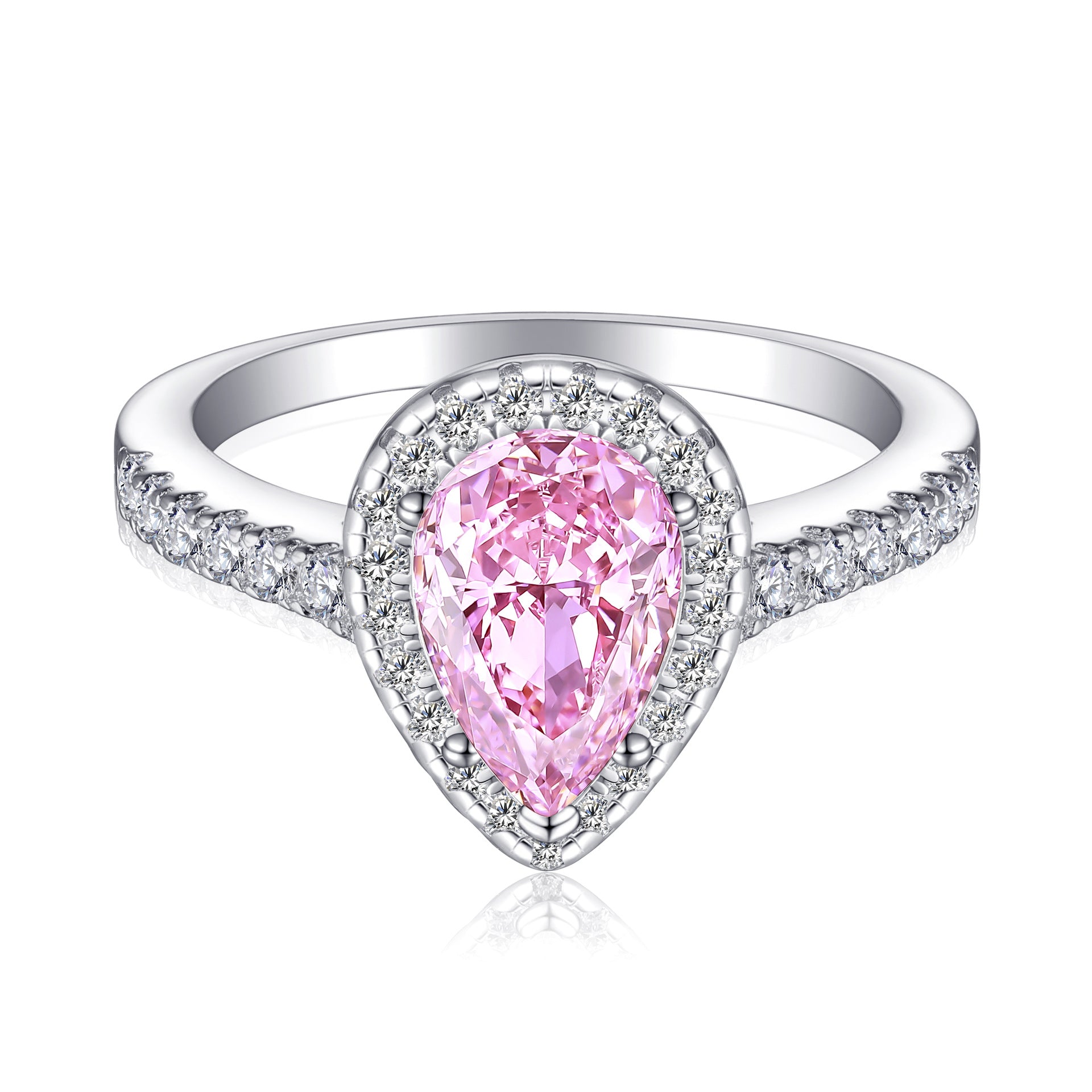 Pear cut pink simulated diamond stone ringed by a clear pave halo on a sterling silver band with pave shoulders