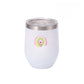 Stemless double-wall stainless steel insulated tumbler with a clear press-on lid resting on a plain surface