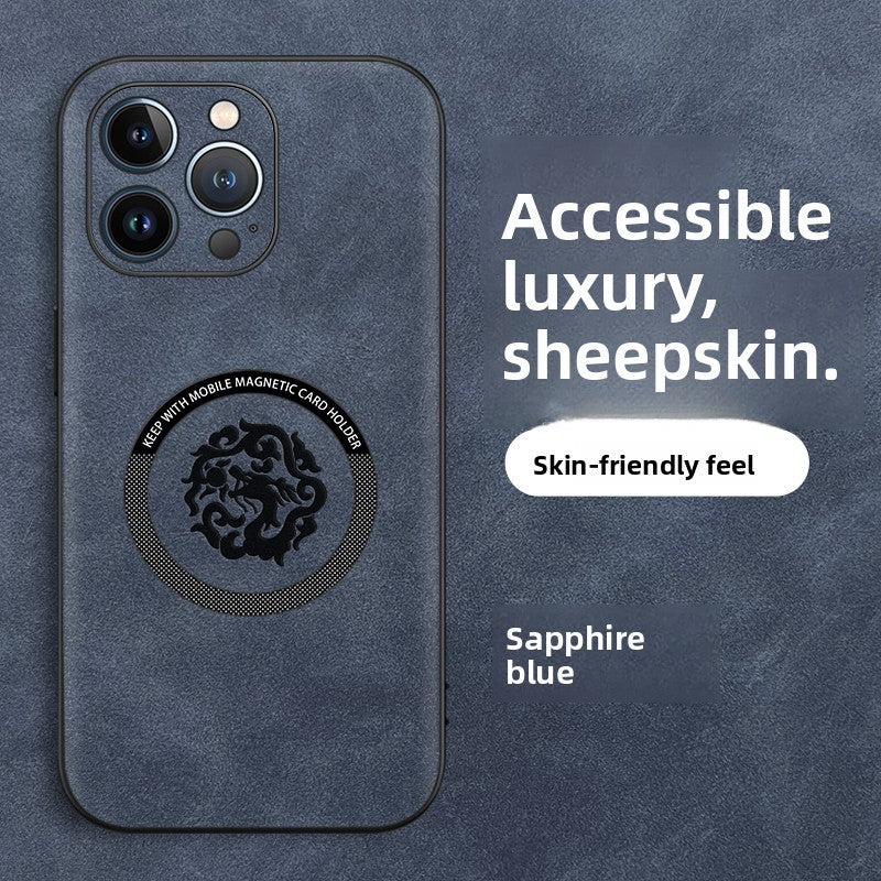 Sheepskin leather iPhone case with an embossed dragon totem and a built in magnetic ring on the back