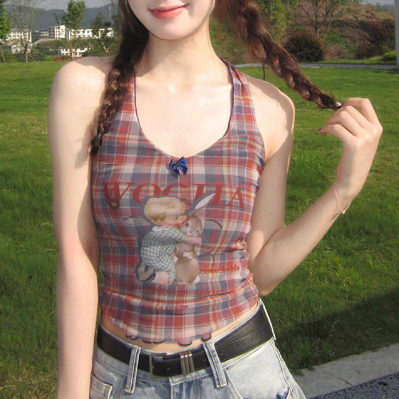 Plaid halter camisole, side profile showing fitted body and open back