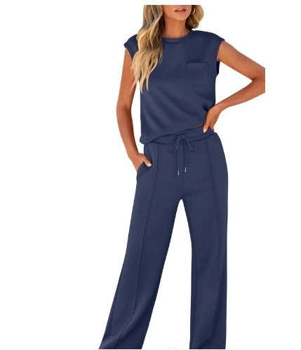 Womens Sleeveless Top High Waist Wide Leg Pants | close detail finishing touch