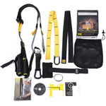 TRX suspension trainer kit yellow and black straps handles door anchor and mesh bag on white