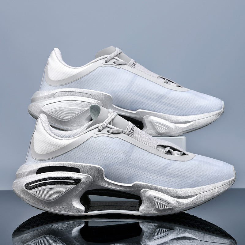Modern unisex sneaker with a mesh lined fabric upper and a flat round toe