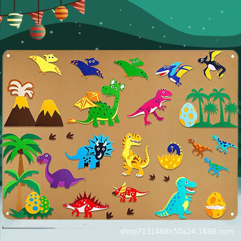 Dinosaur themed felt story board with felt dinosaurs, volcano and palm tree pieces on tan felt