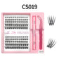 Lash cluster style CS19 in a 10 row tray with dual-ended glue pen, tweezers and a close-up of the cluster shape