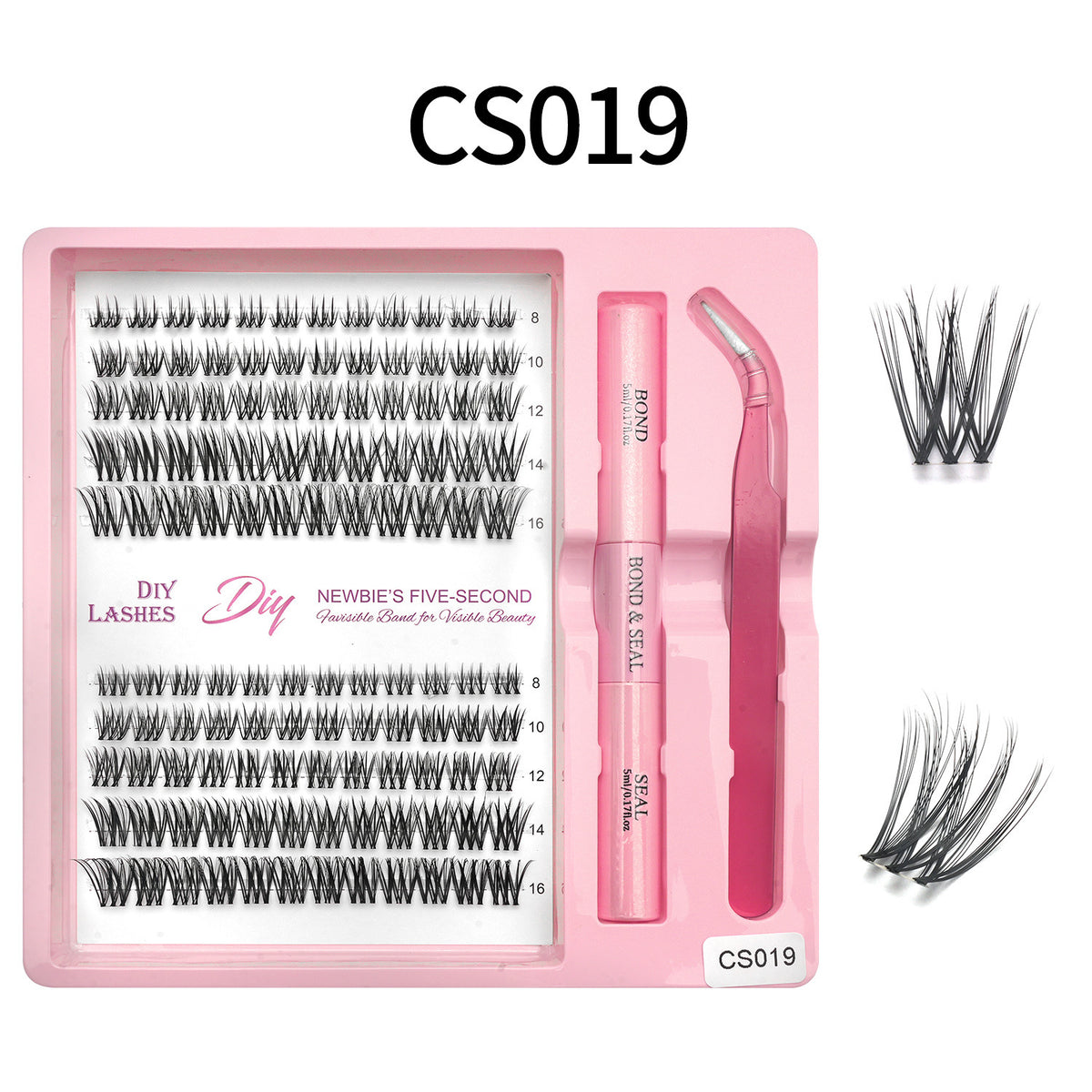 Lash cluster style CS19 in a 10 row tray with dual-ended glue pen, tweezers and a close-up of the cluster shape