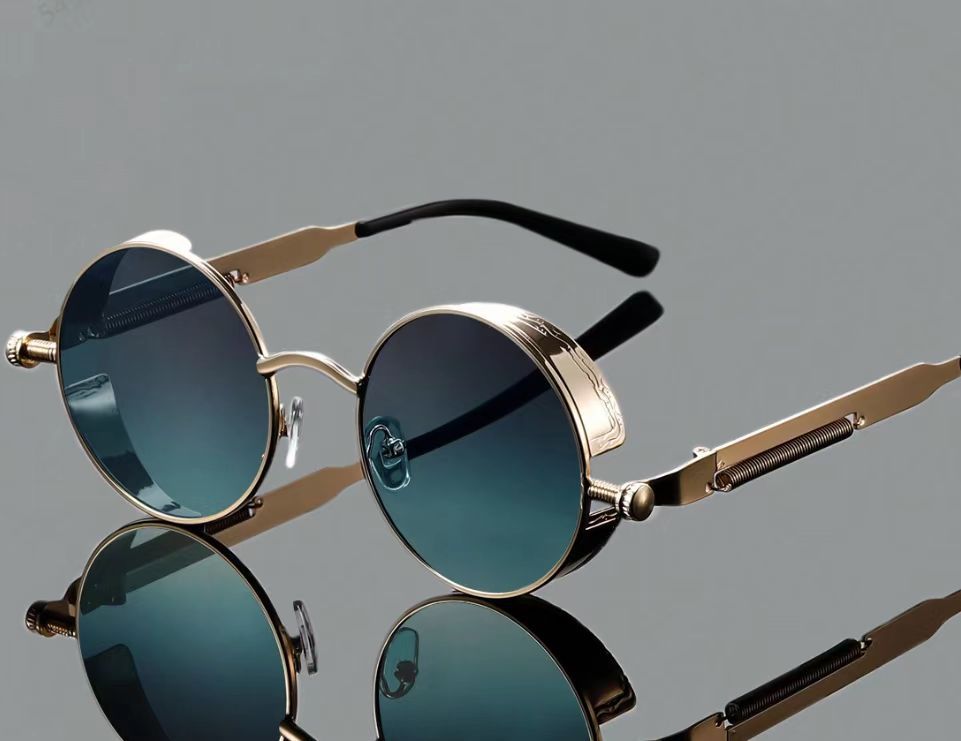 Round metal frame sunglasses shown in one of eighteen frame and lens color options