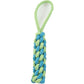 Black drawstring rope dog toy with a grooved rubber treat ball