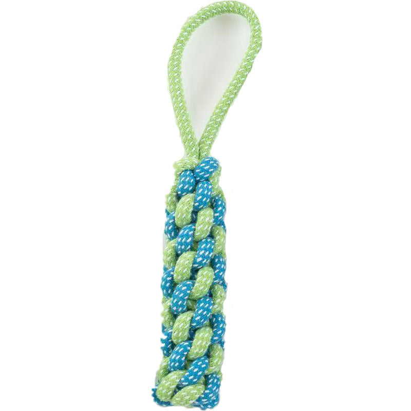Black drawstring rope dog toy with a grooved rubber treat ball