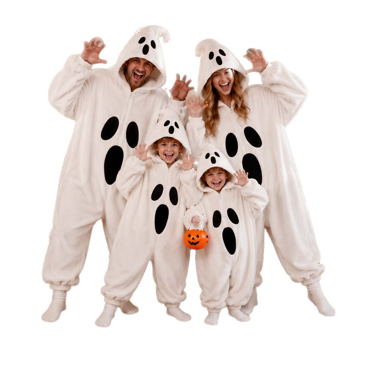Four people in matching white plush ghost onesies posing together on a plain white background