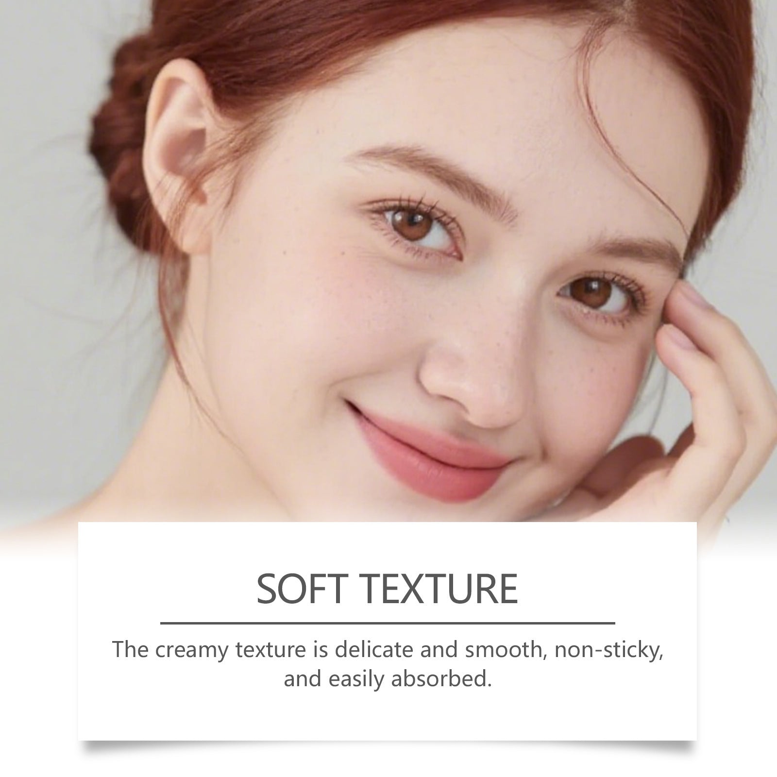 Model with clear skin showing the soft creamy feel of the pink face balm stick