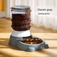 Gravity pet water dispenser and food feeder in gray on a kitchen floor
