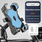 Blue four corner phone mount on a motorcycle rearview mirror stem, arms closed