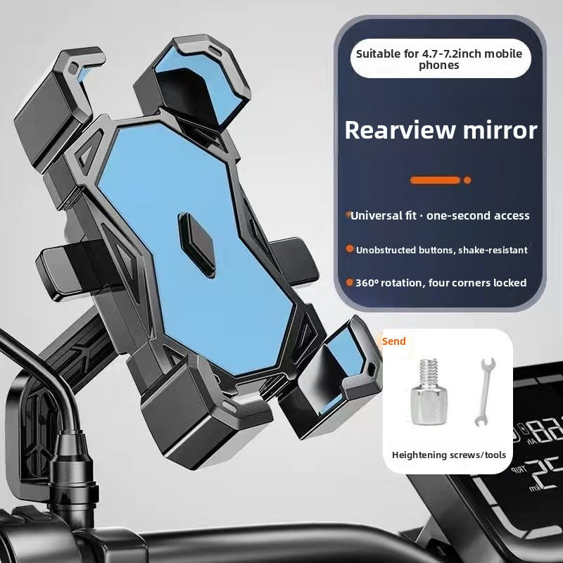 Blue four corner phone mount on a motorcycle rearview mirror stem, arms closed