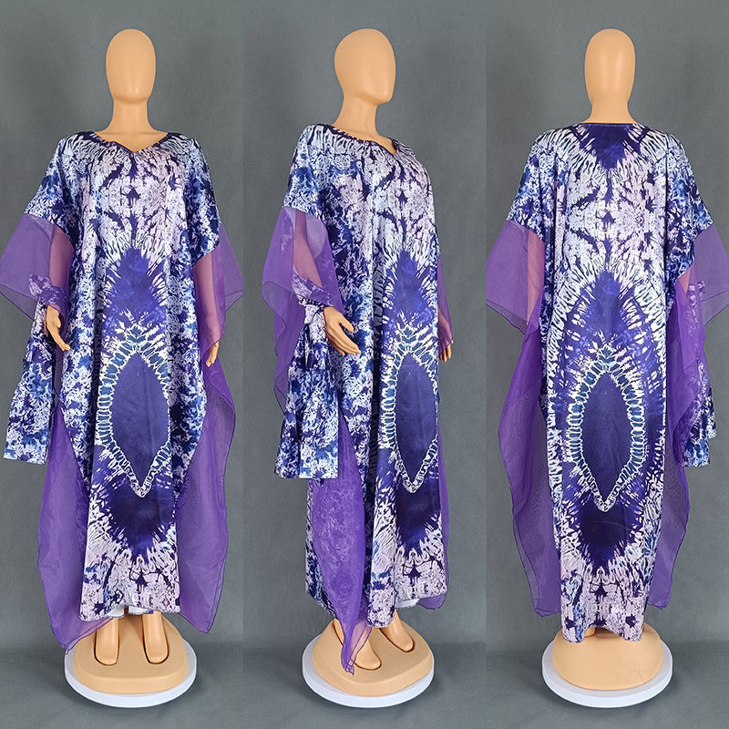 Purple ground African print kaftan with sheer mesh oversleeves, Color 6 purple option photo
