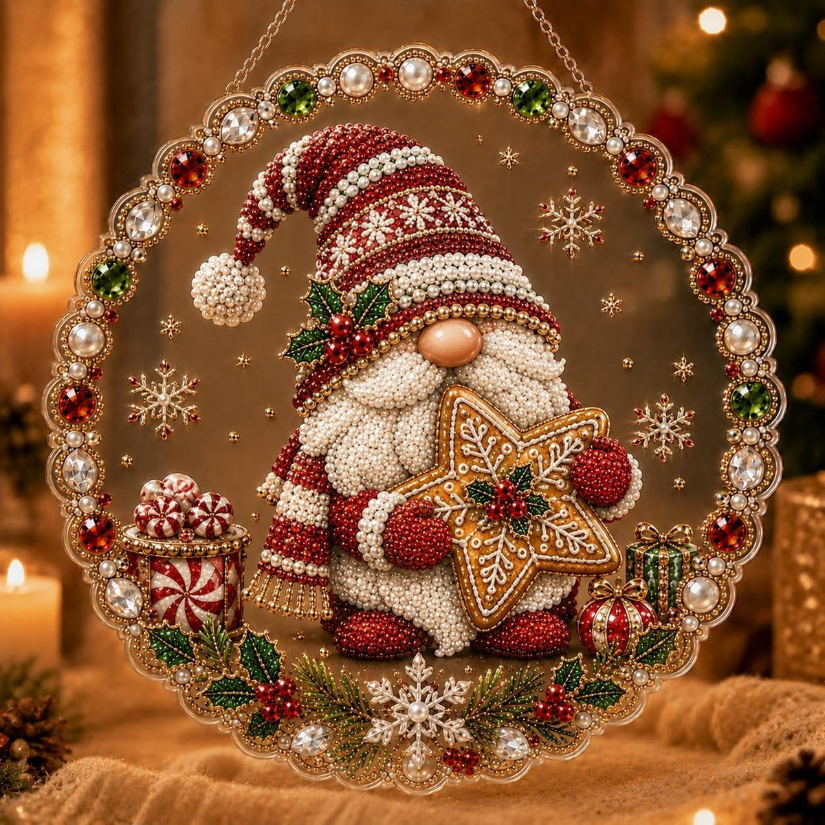 Clear acrylic Christmas door hanger with a hanging cord at the top