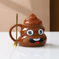 Brown poop emoji ceramic mug with dollar sign eyes and a stuck out tongue for the get rich design