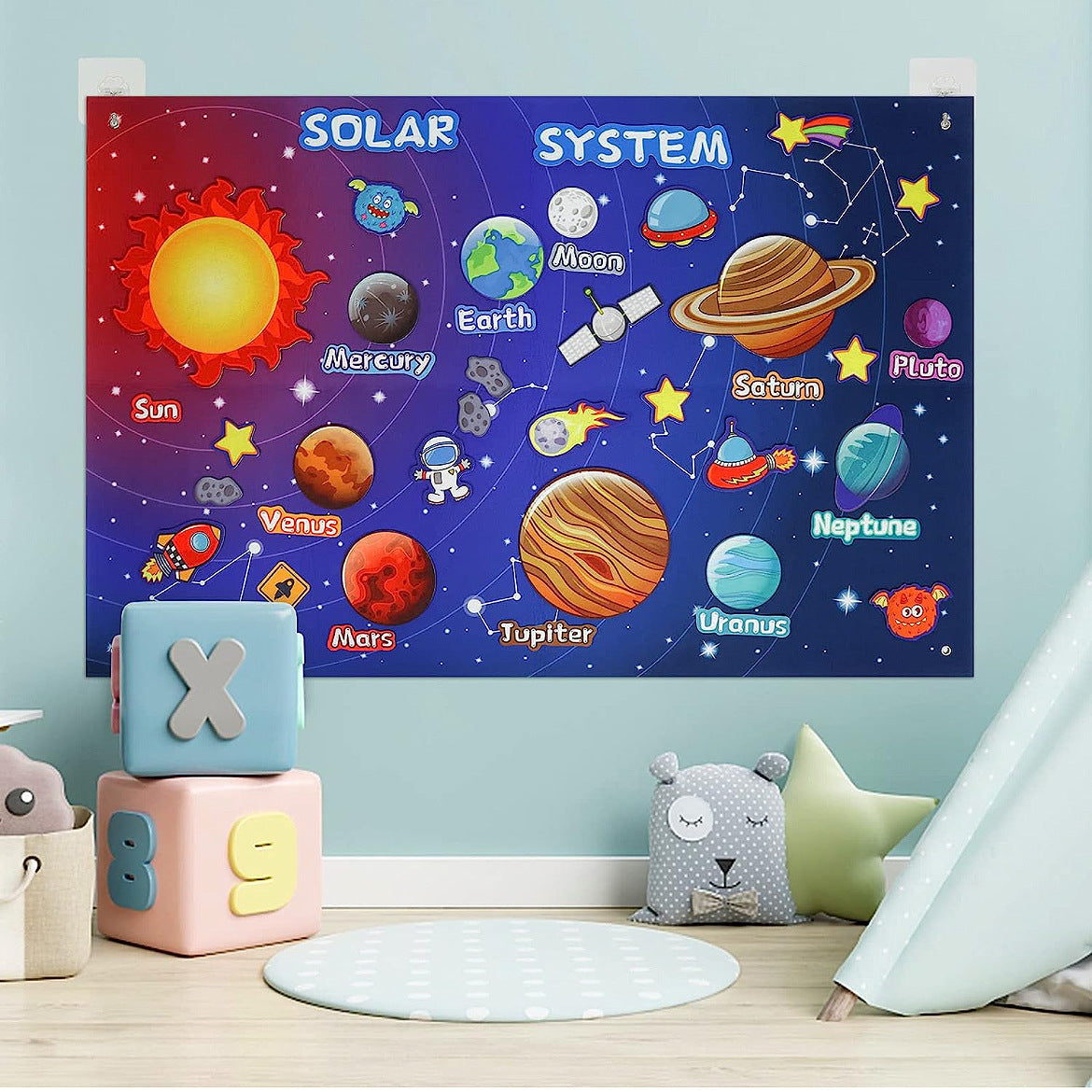 Solar system felt story board with felt planets and sun labelled, displayed in a childs bedroom