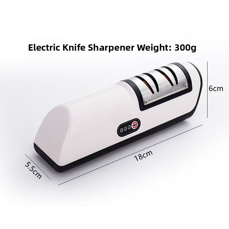 Brushed stainless steel knife sharpener on a black base with rubber feet