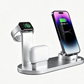 Silver four in one charging stand with a phone, smartwatch and wireless earbuds