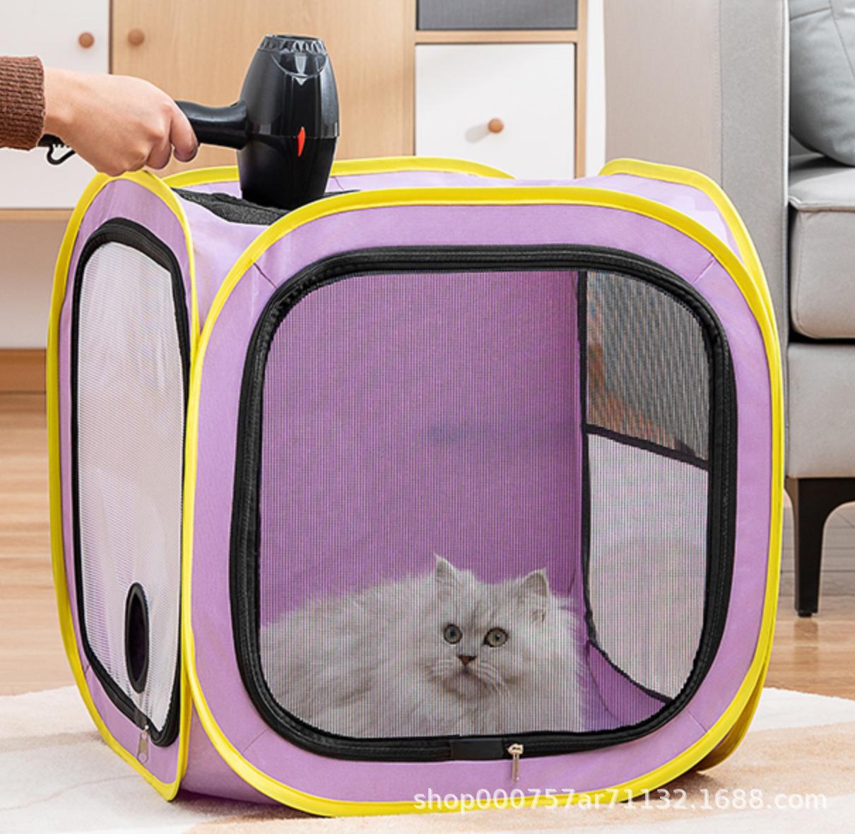 Purple pop-up pet drying box with a cat inside and a hairdryer at the top port