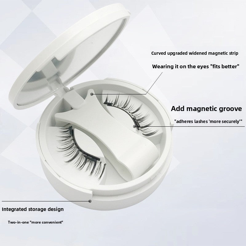 Magnetic false lashes and applicator clip inside a round mirror compact