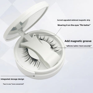 Magnetic false lashes and applicator clip inside a round mirror compact